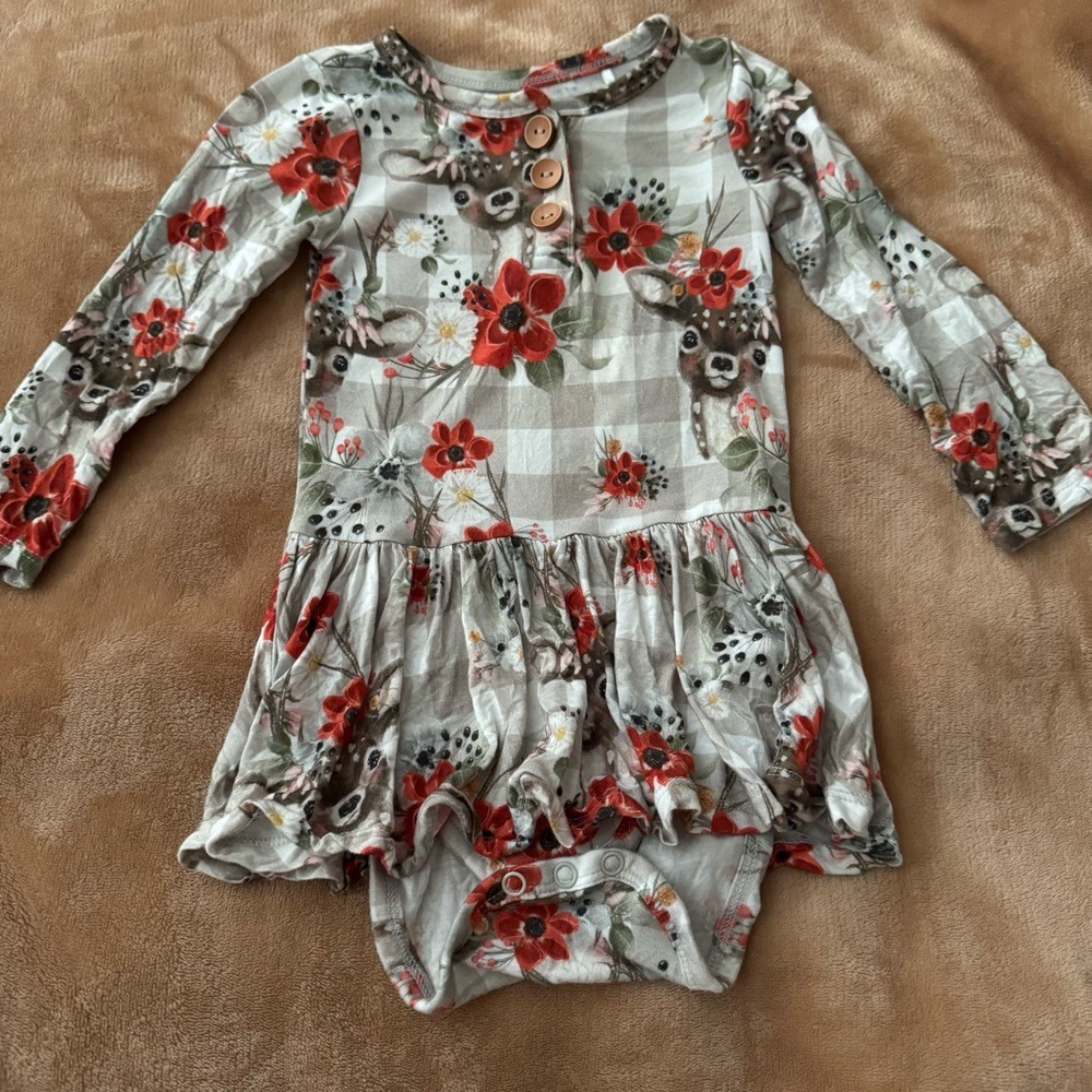 Posh Peanut 18-24M Bamboo Deer Floral Gingham Ruffle Romper Long Sleeve Dress